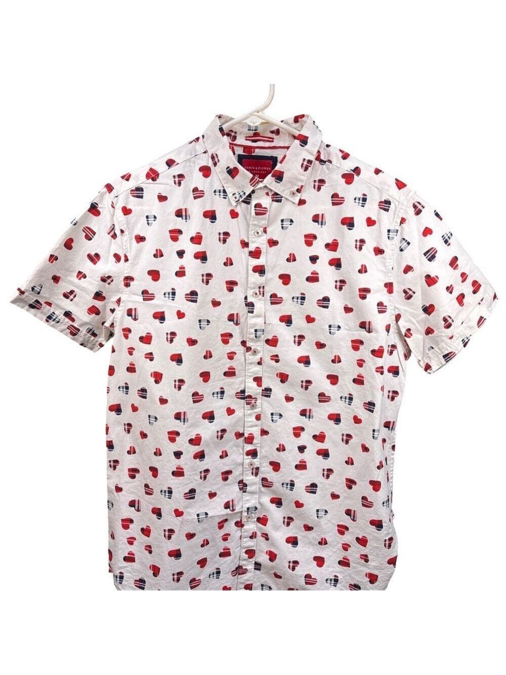 Denim & Flower White Cotton  Shirt with Red and Black Heart Design Medium